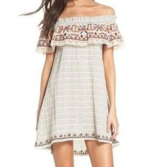 Anthropologie Dresses & Skirts - Anthropologie THML Dress Peasant Gray Black Stripe Gauzy Cotton Embroidered M